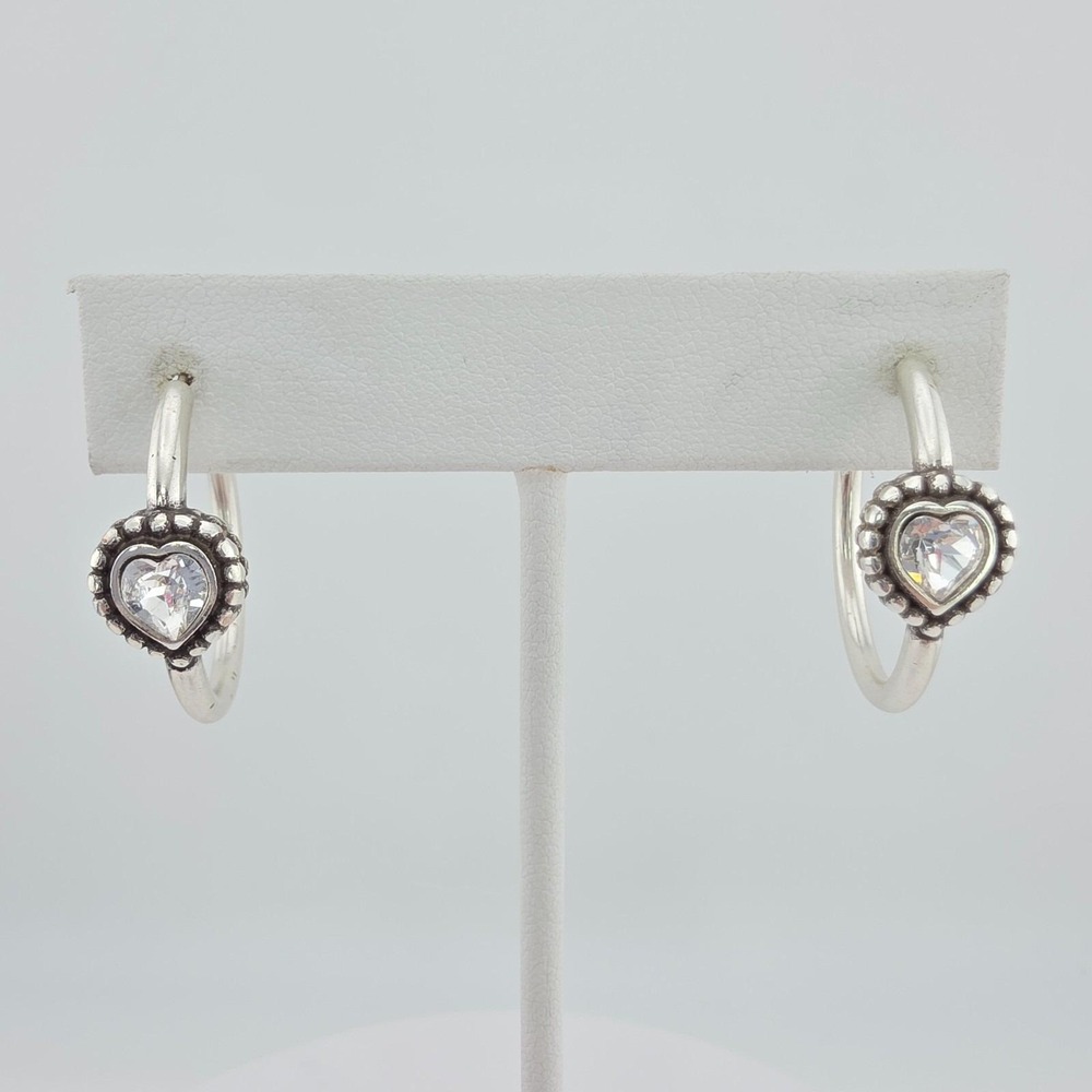BRIGHTON 'Shimmer Heart' Hoop Earrings Clear Heart Crystal Silver Plate 1.25"